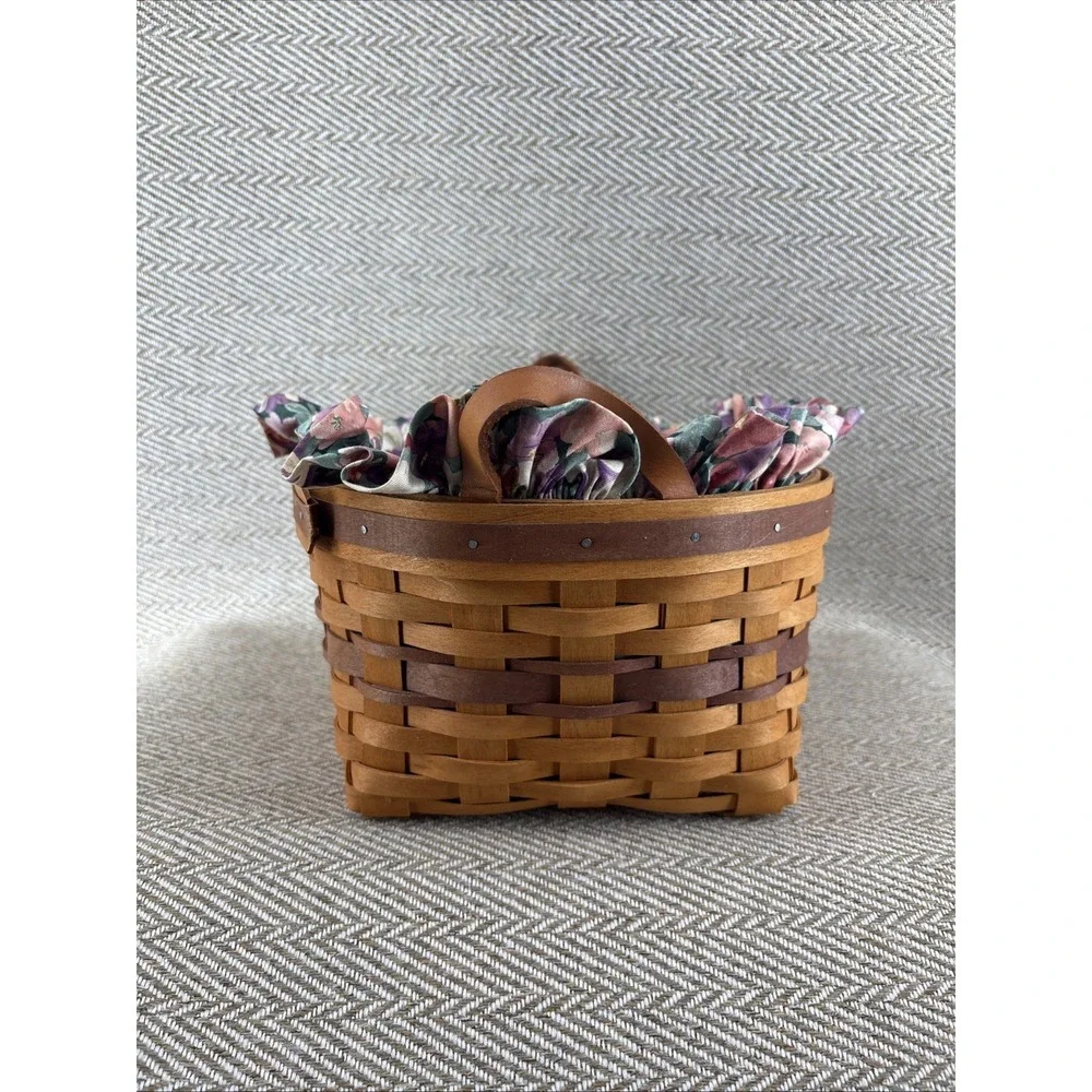 Longaberger Basket Petunia 1997 Flower Fabric Two Leather Handles Plastic Insert